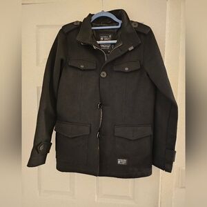 KR3W Jacket Men's S Black Army Peacoat Full Zip Button Up Long Sleeve
